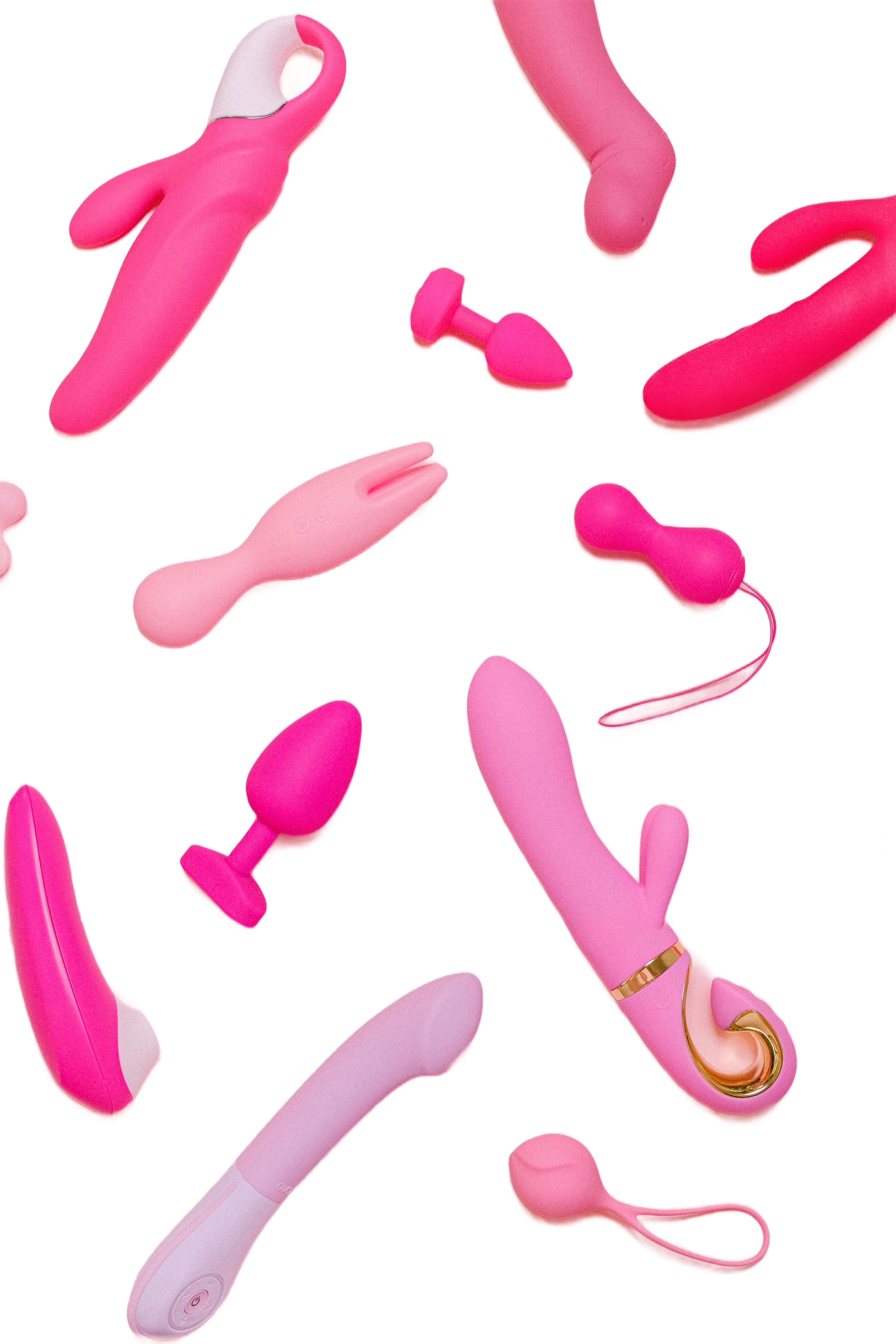 Pink sex toys used for posting on erotic-platforms. Various shapes and sizes.