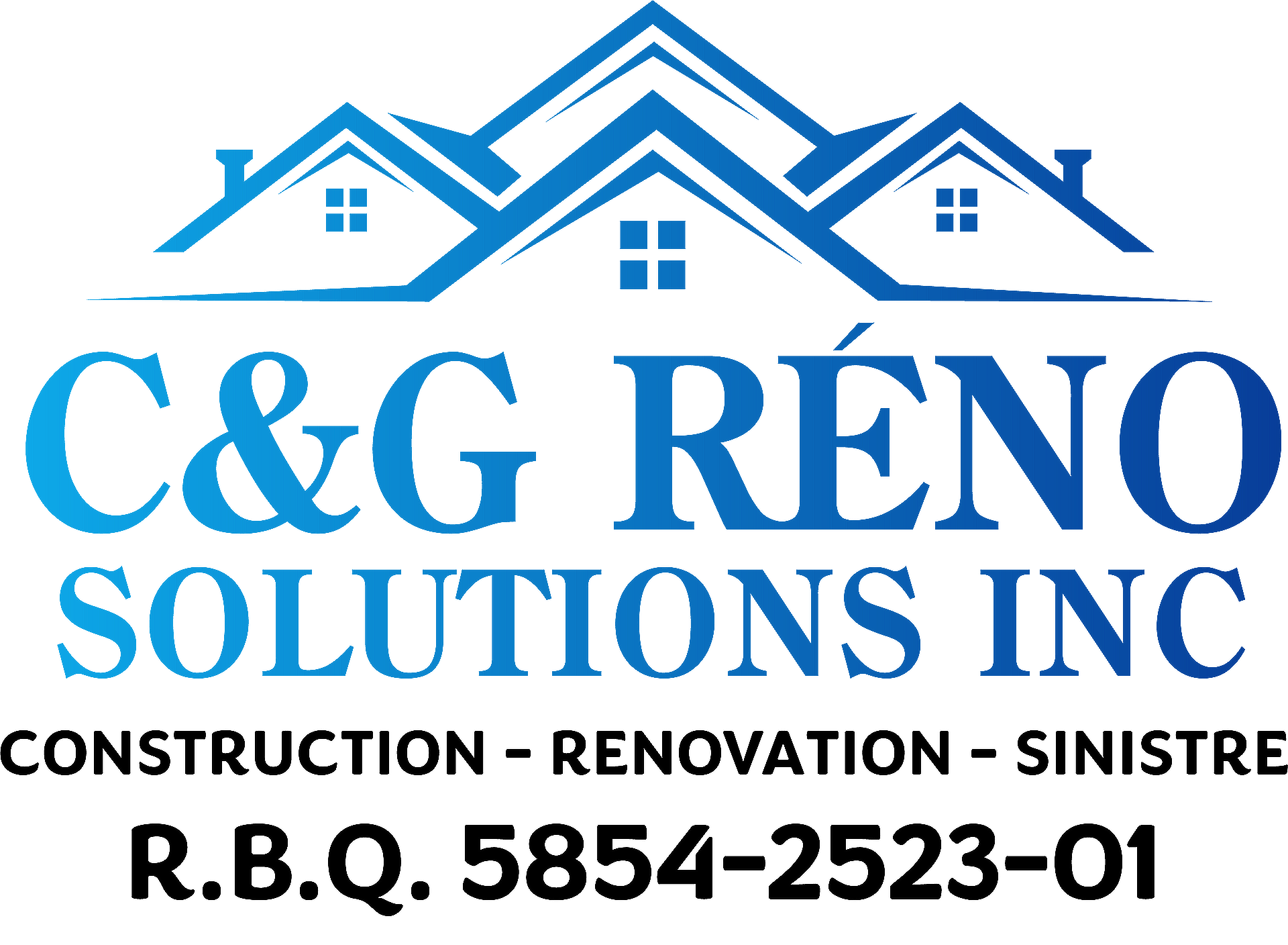 A blue logo for c & g reno solutions inc.