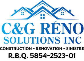 A blue logo for c & g reno solutions inc.