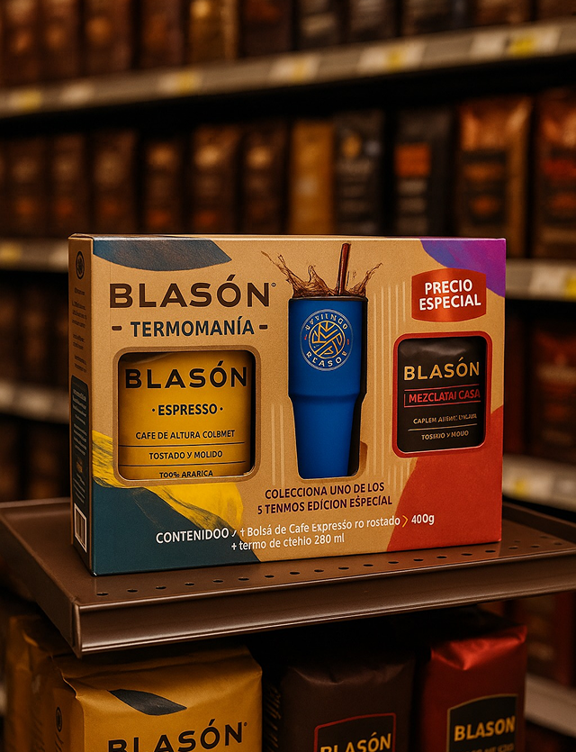Blason coffee gift set: coffee beans, blue travel mug, in a store shelf.