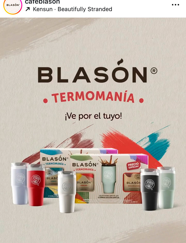 Blason brand advertisement featuring a set of Thermomania insulated tumblers in various colors with text overlay.