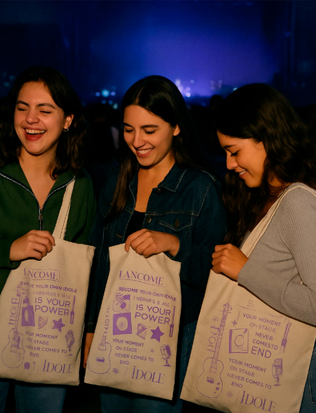 Three people smiling, holding tote bags with drawings and text; night setting with blurred lights.