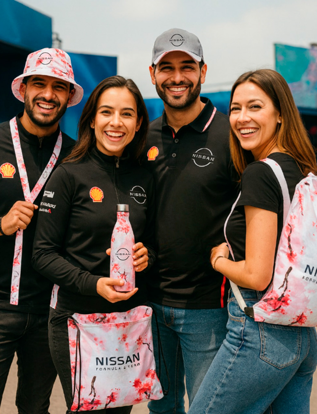 Four smiling people pose, holding branded merchandise. Outdoors, bright day.