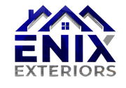 A blue and white logo for enix exteriors