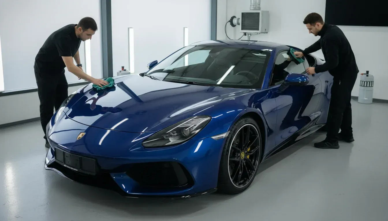 Two people polishing a blue sports car in a bright garage