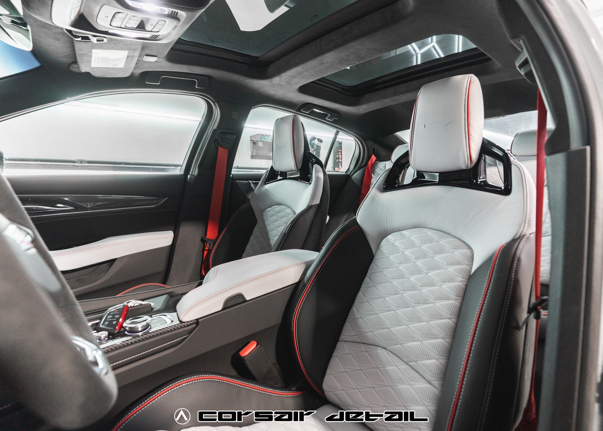 The interior of a corsair detail car with a sunroof