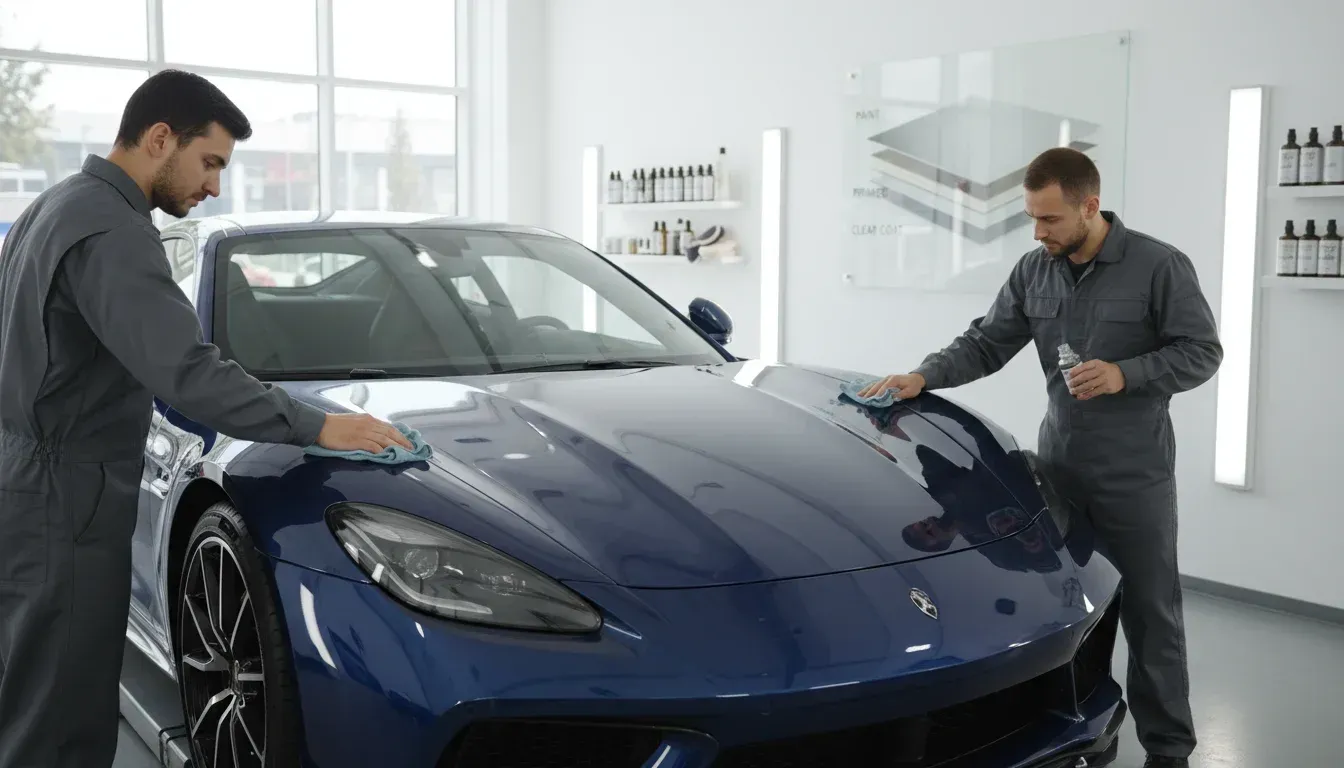 Two men cleaning a blue sports car in a bright auto detailing shop