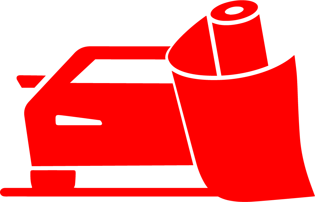 A red icon of a car and a roll of paper