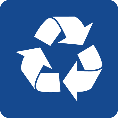 a white recycling symbol on a blue background .