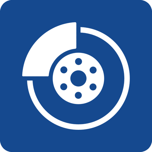 a white icon of a brake disc on a blue background .