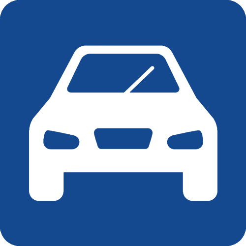 a white car icon on a blue background .