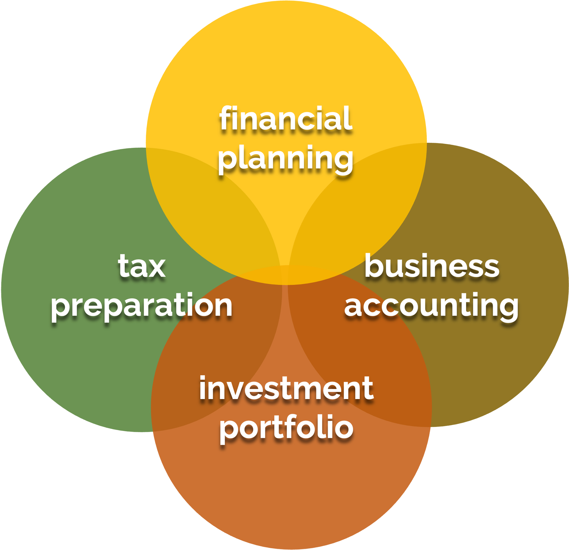 Four overlapping circles: financial planning, tax preparation, business accounting, investment portfolio.