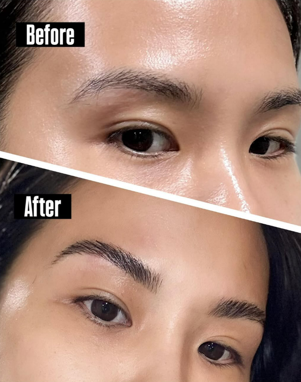 Before-and-after of a person's eyebrows. The 'after' shows fuller, darker, and more defined eyebrows.