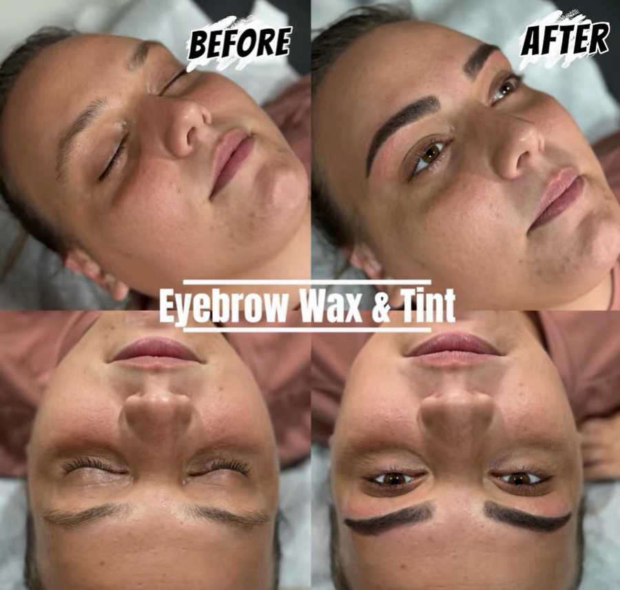 Before and after comparison of eyebrow wax and tint; woman's face, enhanced brows, dark tint, salon setting.