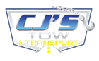 Logo for CJ's Tow & Transport: blue and silver text, tow truck hook and chain, road graphic.