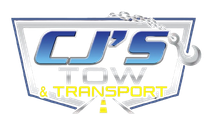 Logo for CJ's Tow & Transport: blue and silver text, tow truck hook and chain, road graphic.