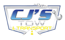 Logo for CJ's Tow & Transport: blue and silver text, tow truck hook and chain, road graphic.