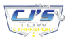 Logo for CJ's Tow & Transport: blue and silver text, tow truck hook and chain, road graphic.