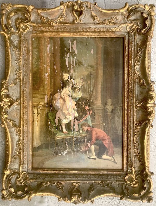 image of a oil painting with a cracking pattern going vertically down the middle in an ornate frame