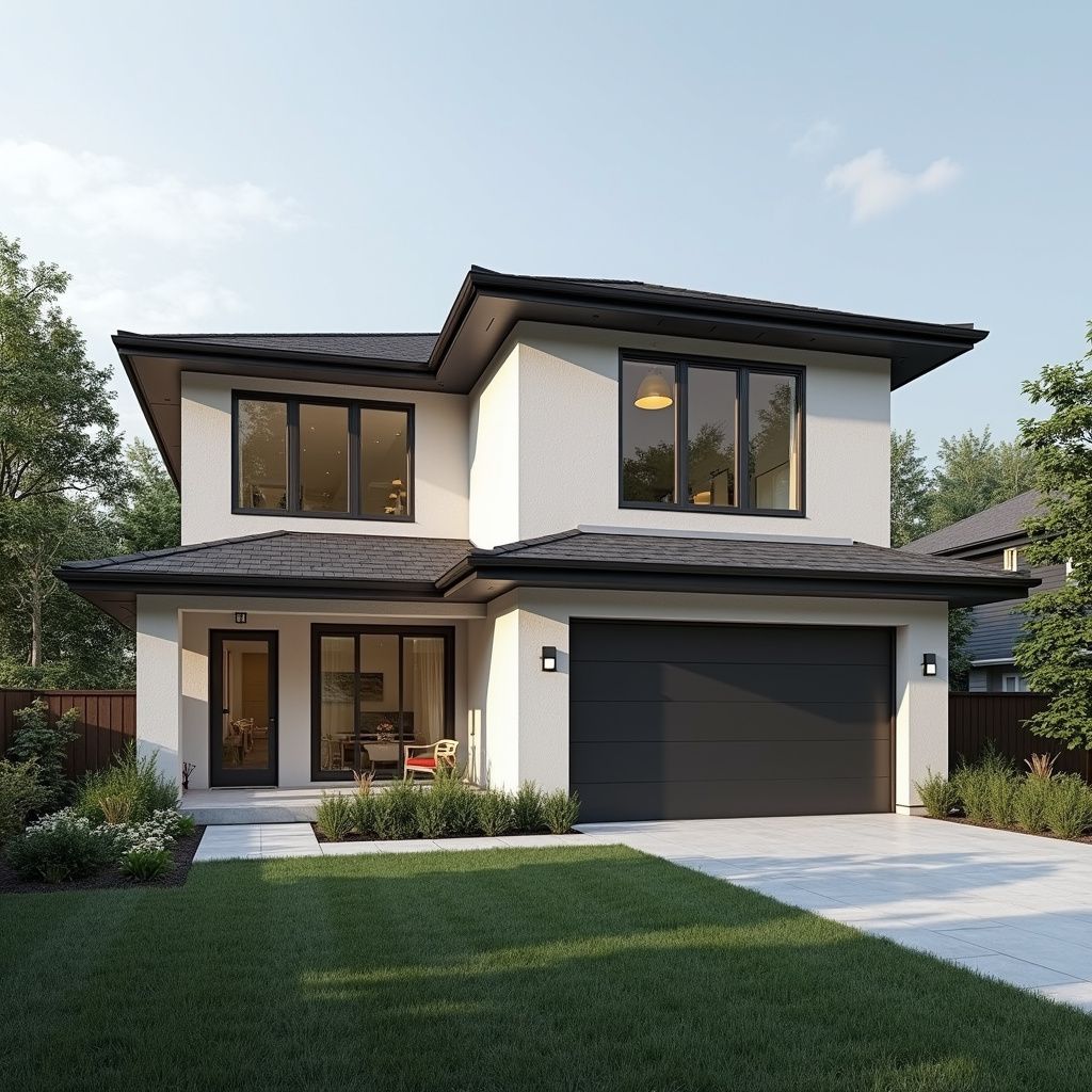 Modern two-story house with black trim, a gray garage door, and a manicured lawn.