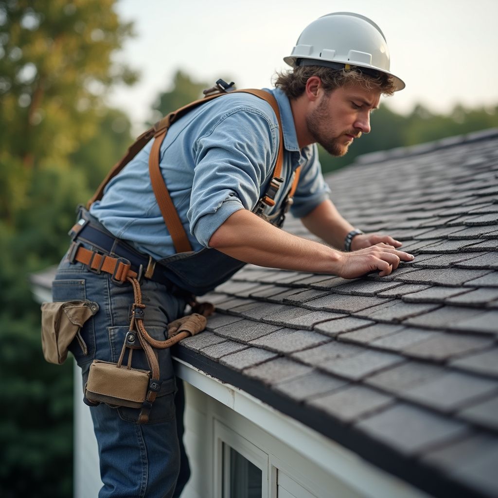 Roofer in safety gear inspecting a dark shingle roof, wearing a white hard hat and tool belt.