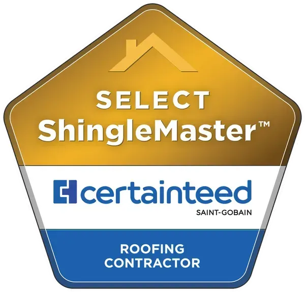 Gold and blue CertainTeed Select ShingleMaster Roofing Contractor badge with roof icon.