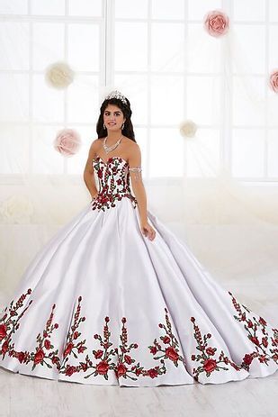 White With Red Rose Design Quinceañera Dress — Hartford, CT — Casa Tony