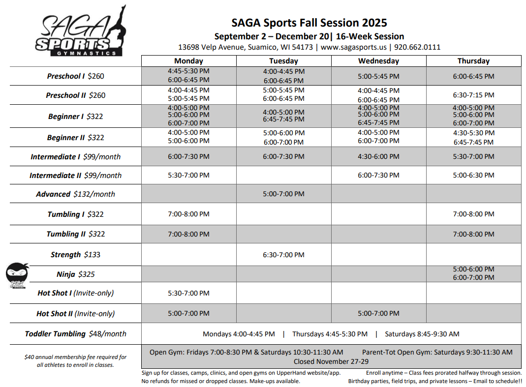 Fall 2025 Session Class Schedule