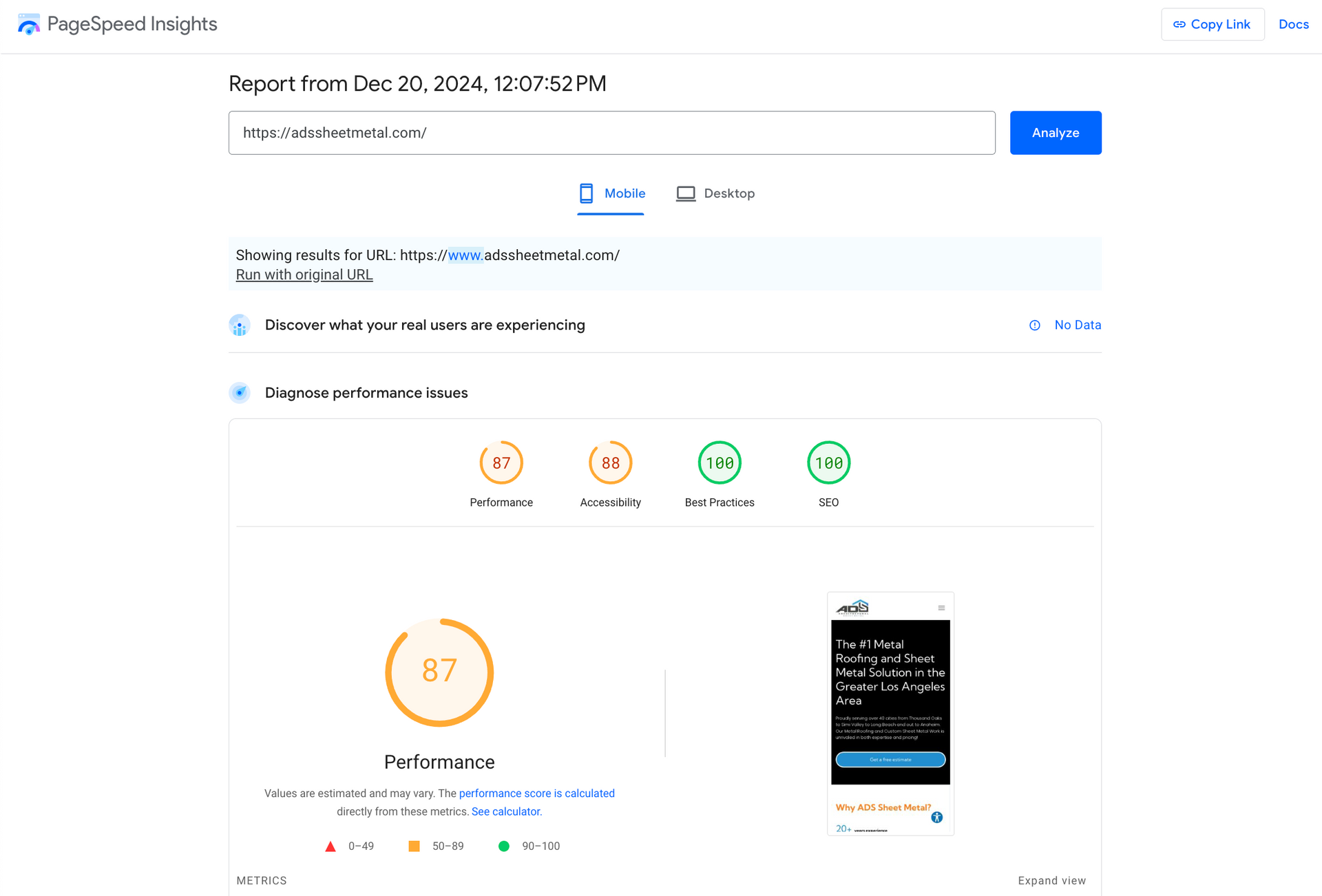 mobile home page loading speed