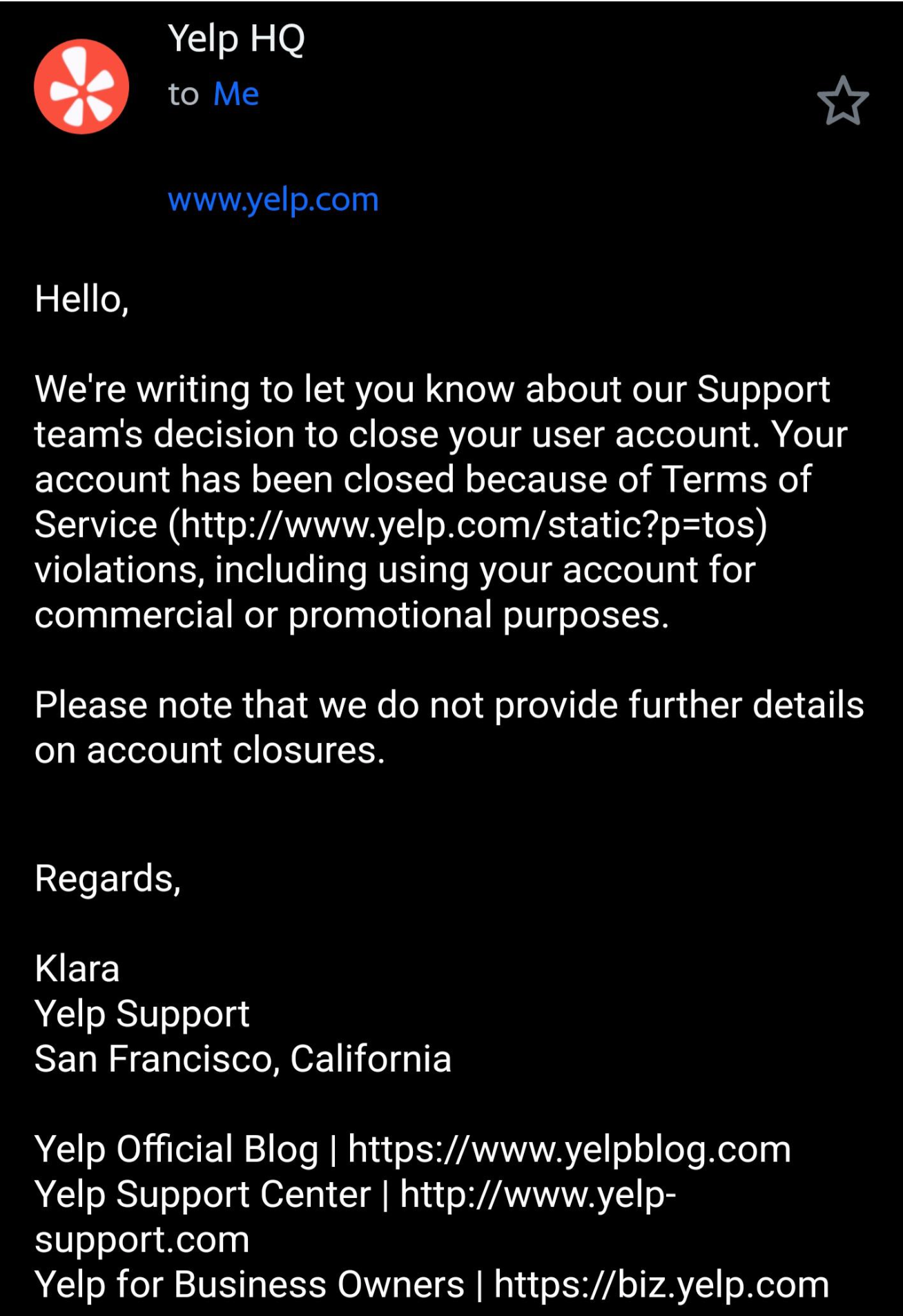 A screenshot of a yelp support email