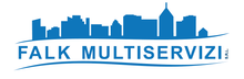 Logo per Falk Multiservizi con skyline cittadino blu e testo.