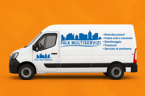 Furgone di servizio bianco con logo blu e grafica urbana su sfondo arancione.