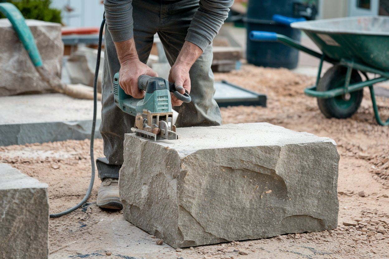 A man is cutting a large rock with a saw.