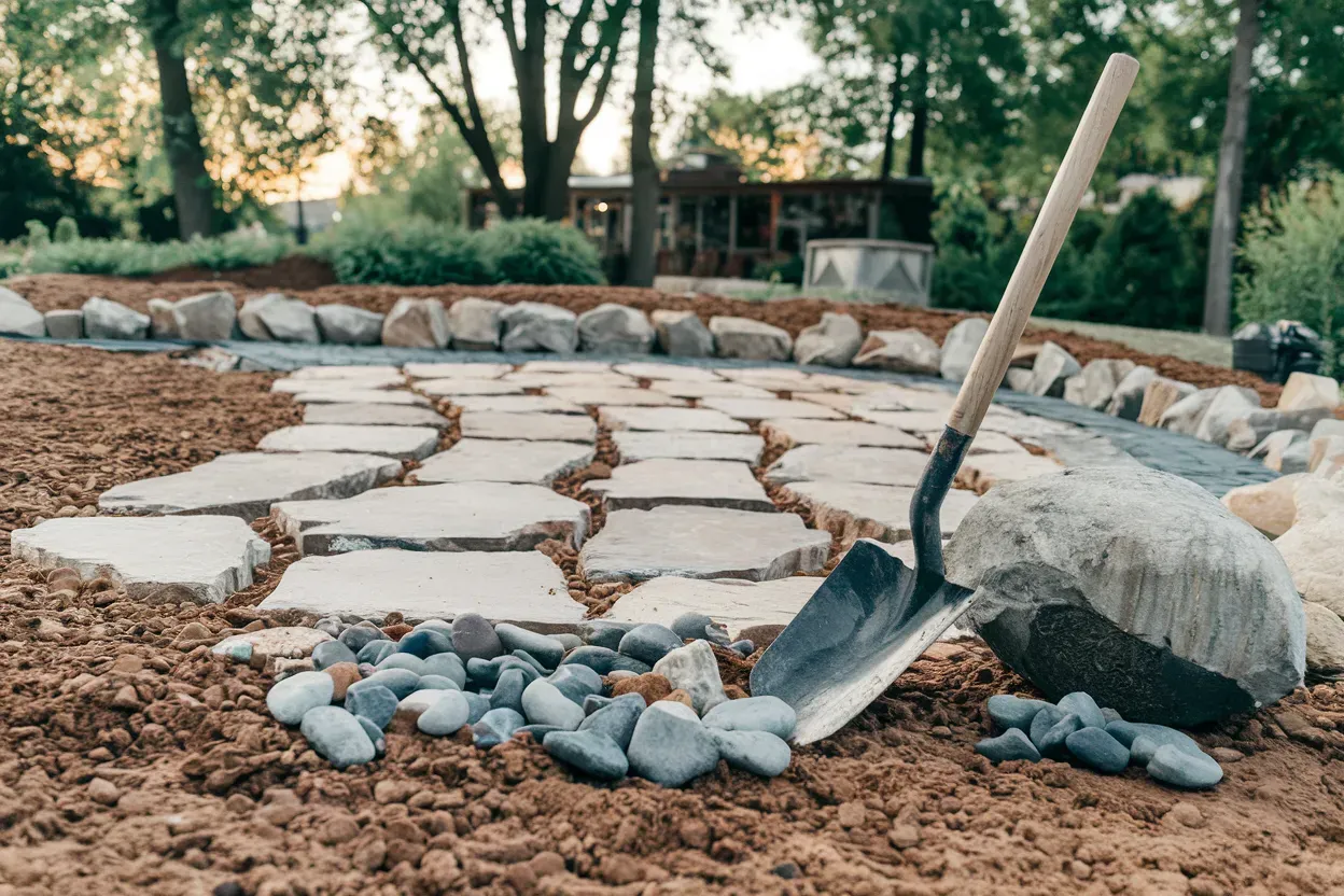 A shovel is sitting on top of a pile of rocks next to a stone walkway.