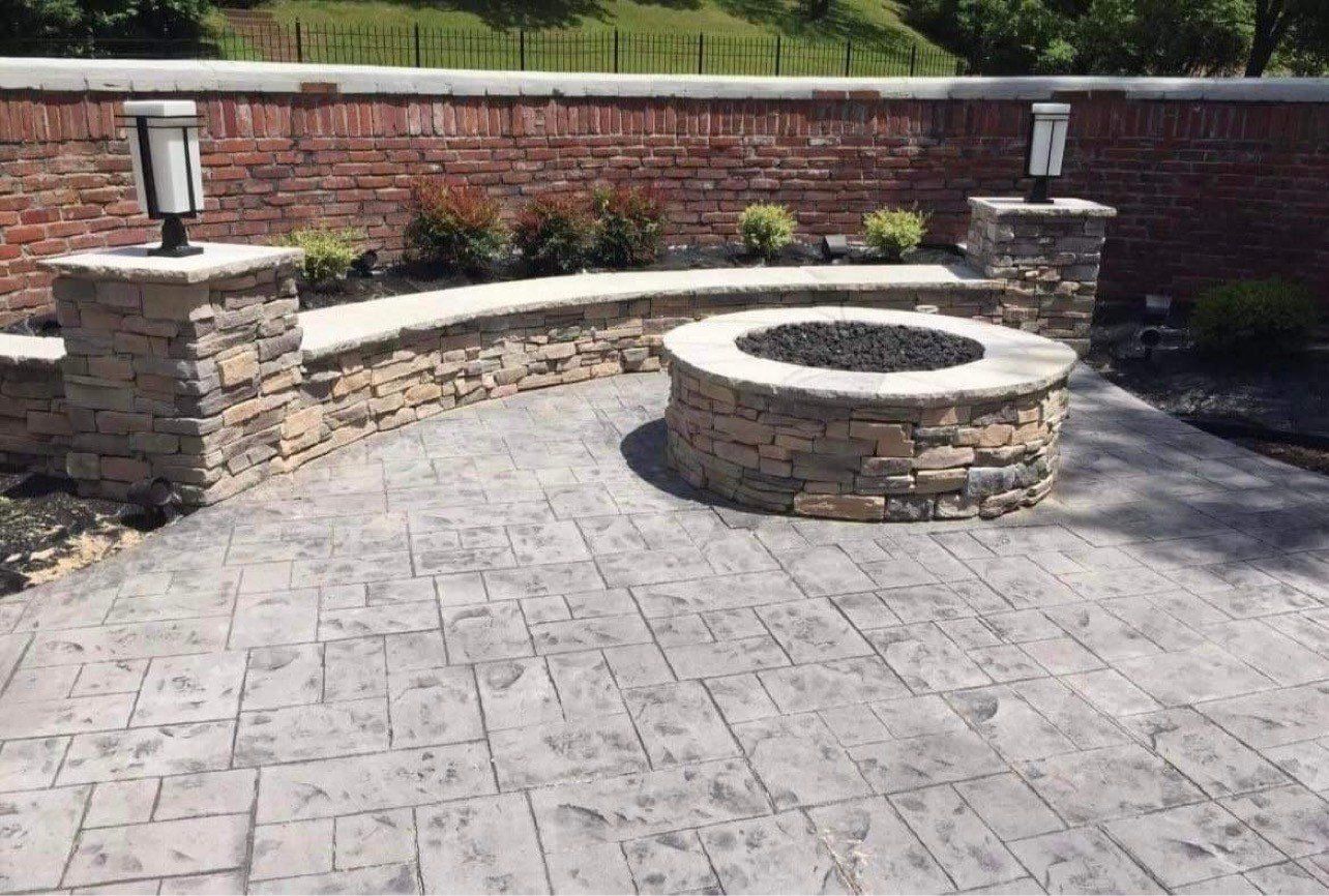 Stamp Patio, Sitting Wall and Firepit — Creve Couer, MO — Hoffman Concrete LLC