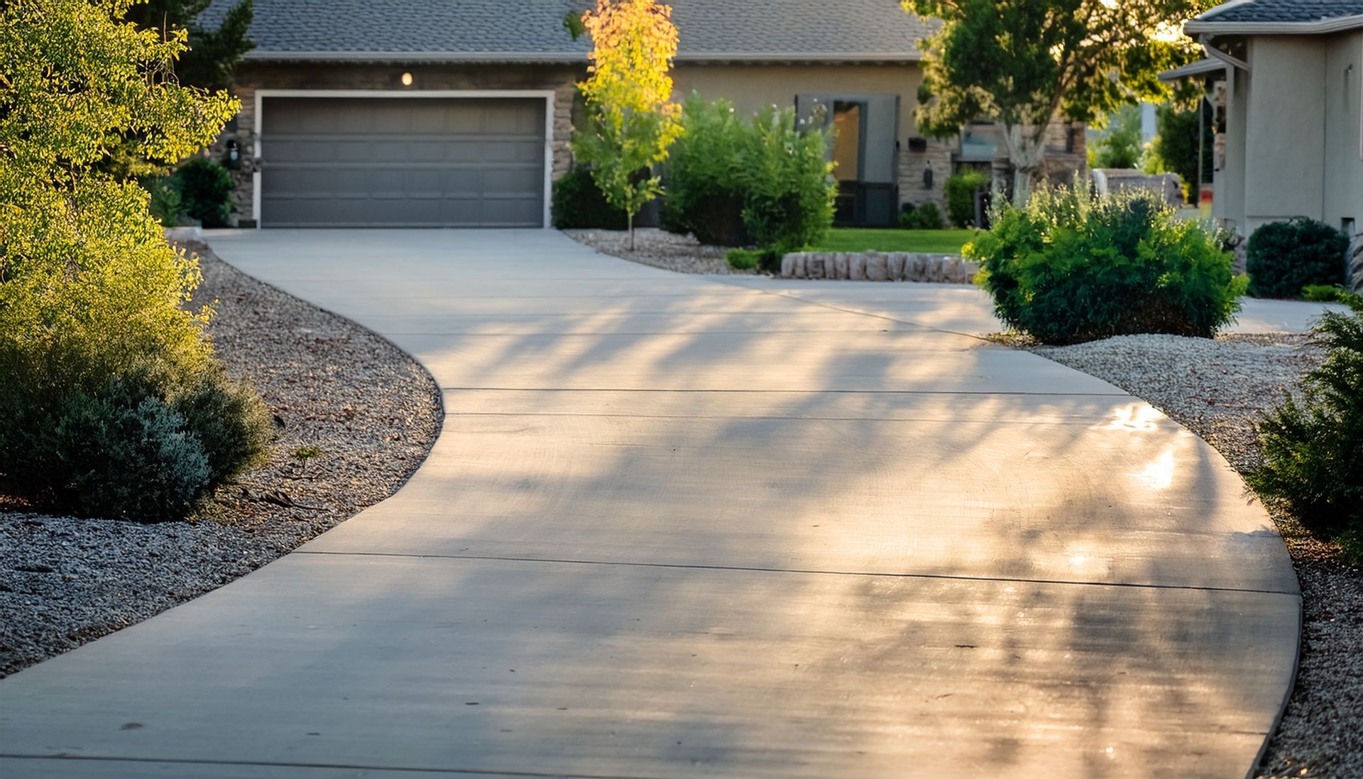 Curved concrete driveway leading to a home with landscaping and a garage.