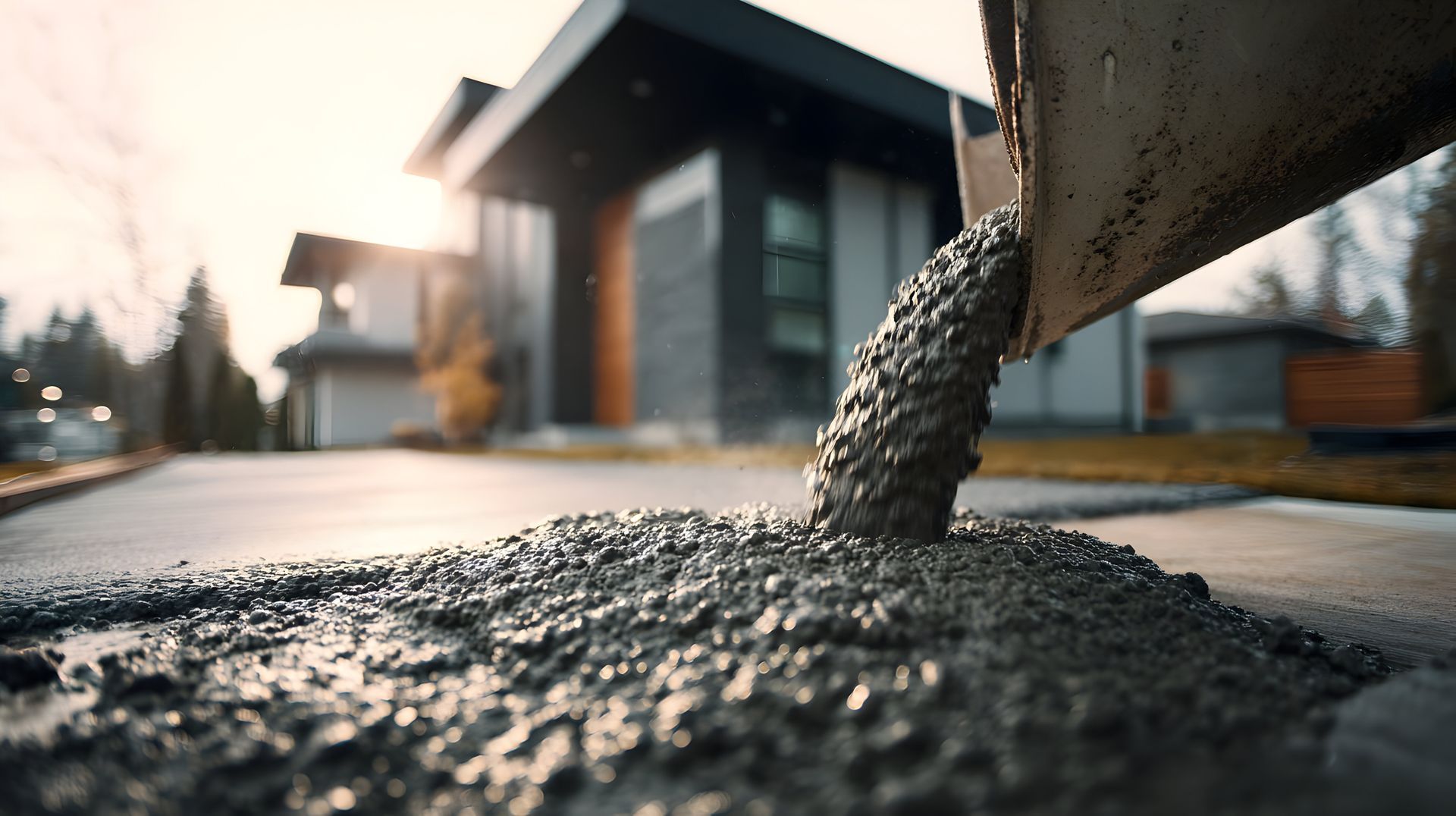 Fresh concrete being poured onto a driveway in front of a modern house.