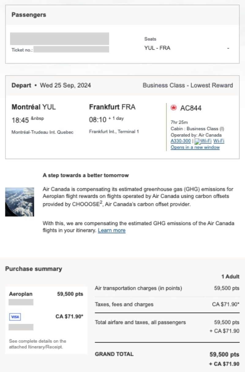 Screenshot of my Aeroplan booking from Montreal to Frankfurt in business class showing 59,000 points and approximately $79 in taxes and fees.