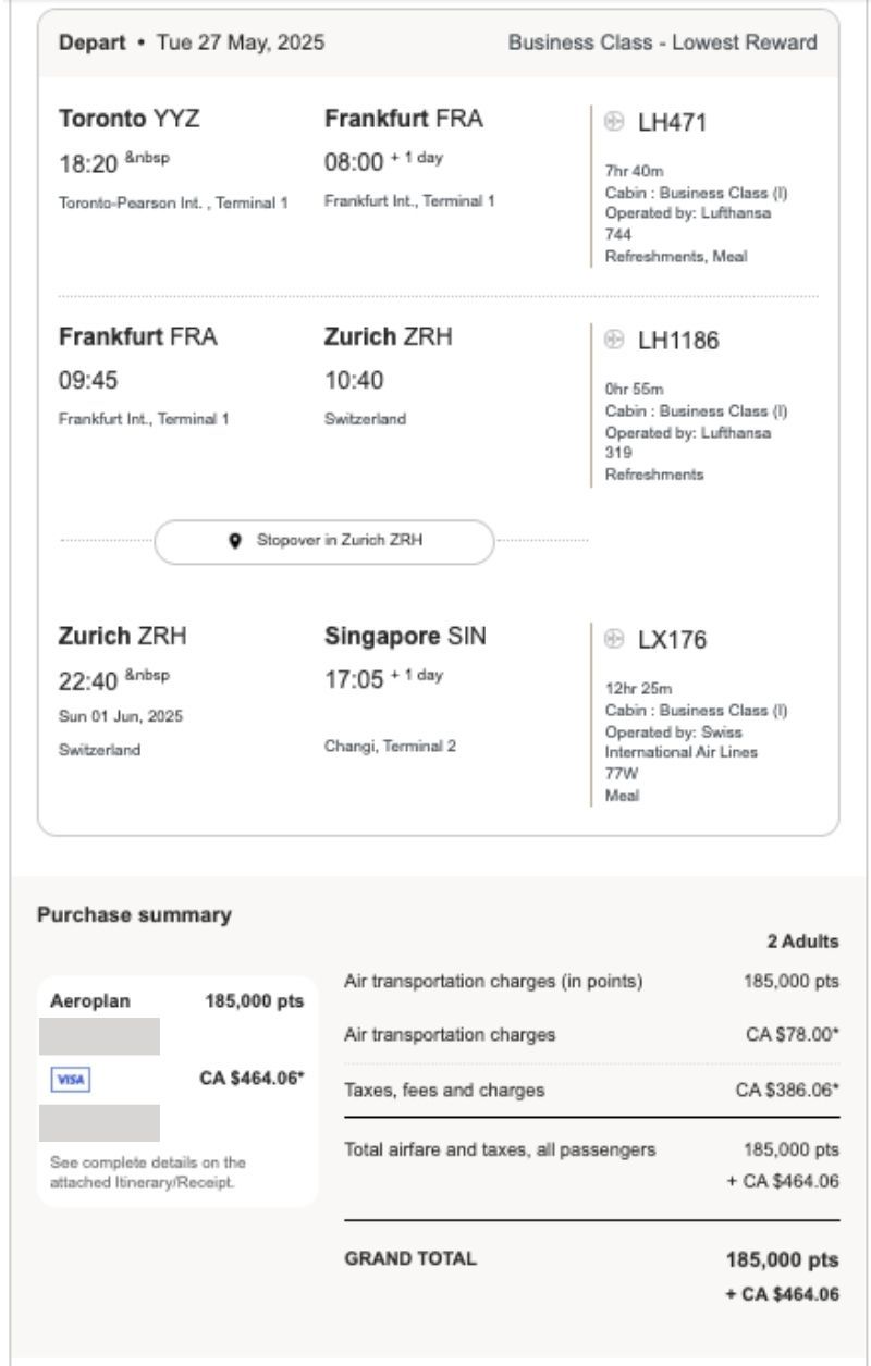 Screenshot of my grandma and my Aeroplan business class stopover booking from Toronto to Zurich and Singapore showing 185,000 points for two people and $464.06 in taxes and fees.
