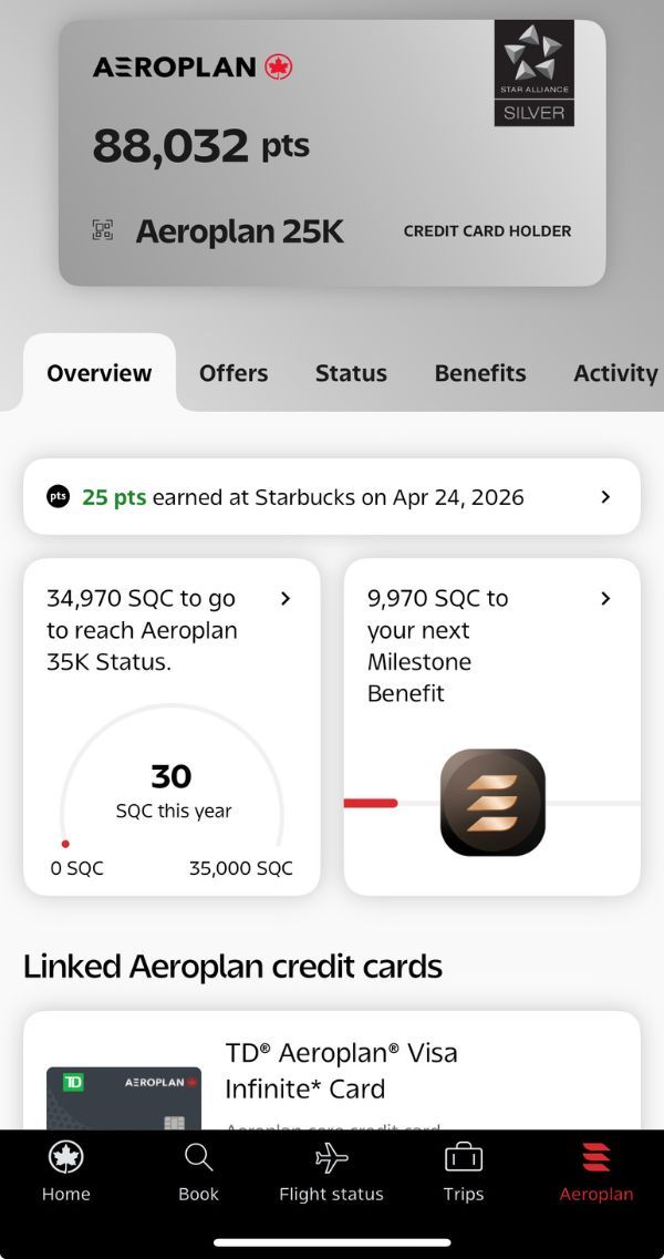 Screenshot of an Aeroplan account showing Aeroplan points as an example of airline loyalty program points in Canada.