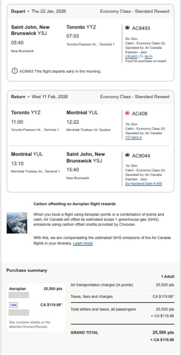 Screenshot of my Aeroplan booking from Saint John, New Brunswick to Toronto showing 25,500 points and $119.86 in taxes and fees.