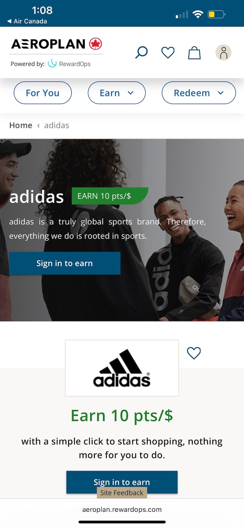 Aeroplan eStore Adidas page showing an offer to earn 10 points per dollar and a sign-in button to start shopping.