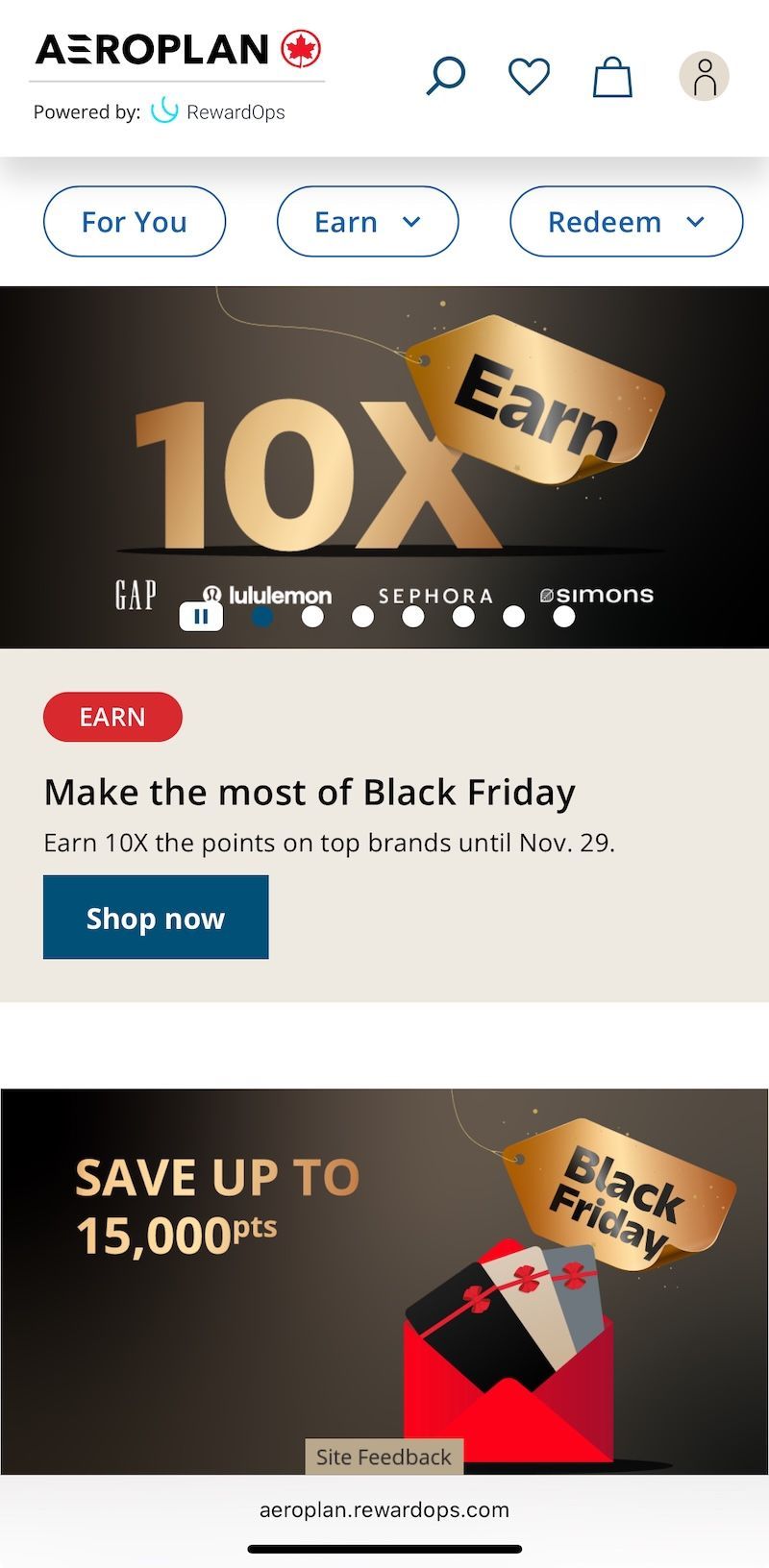 Aeroplan eStore Black Friday promotion showing a 10x earn offer on participating brands.