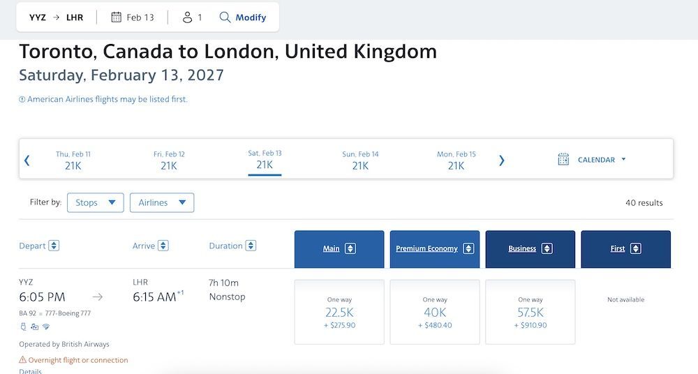 American Airlines AAdvantage pricing for Toronto to London British Airways business class flight showing 57,500 miles one way.