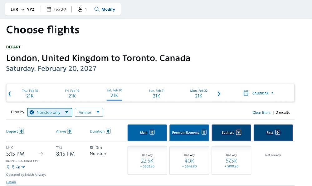 American Airlines business class award pricing from London to Toronto showing 57,500 miles one way