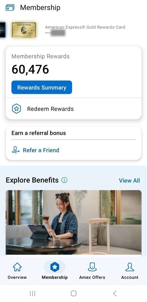 Screenshot of an American Express Membership Rewards balance as an example of transferable travel rewards points in Canada.