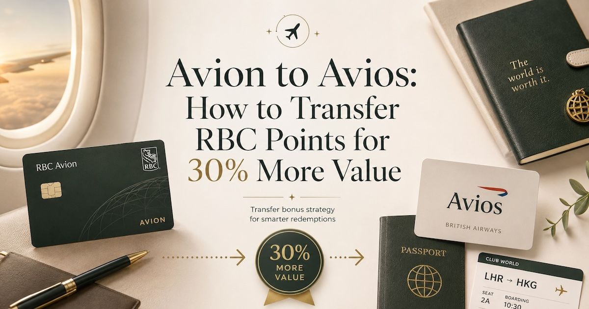 RBC Avion to Avios transfer graphic with 30% bonus, cards, passport, and boarding pass.