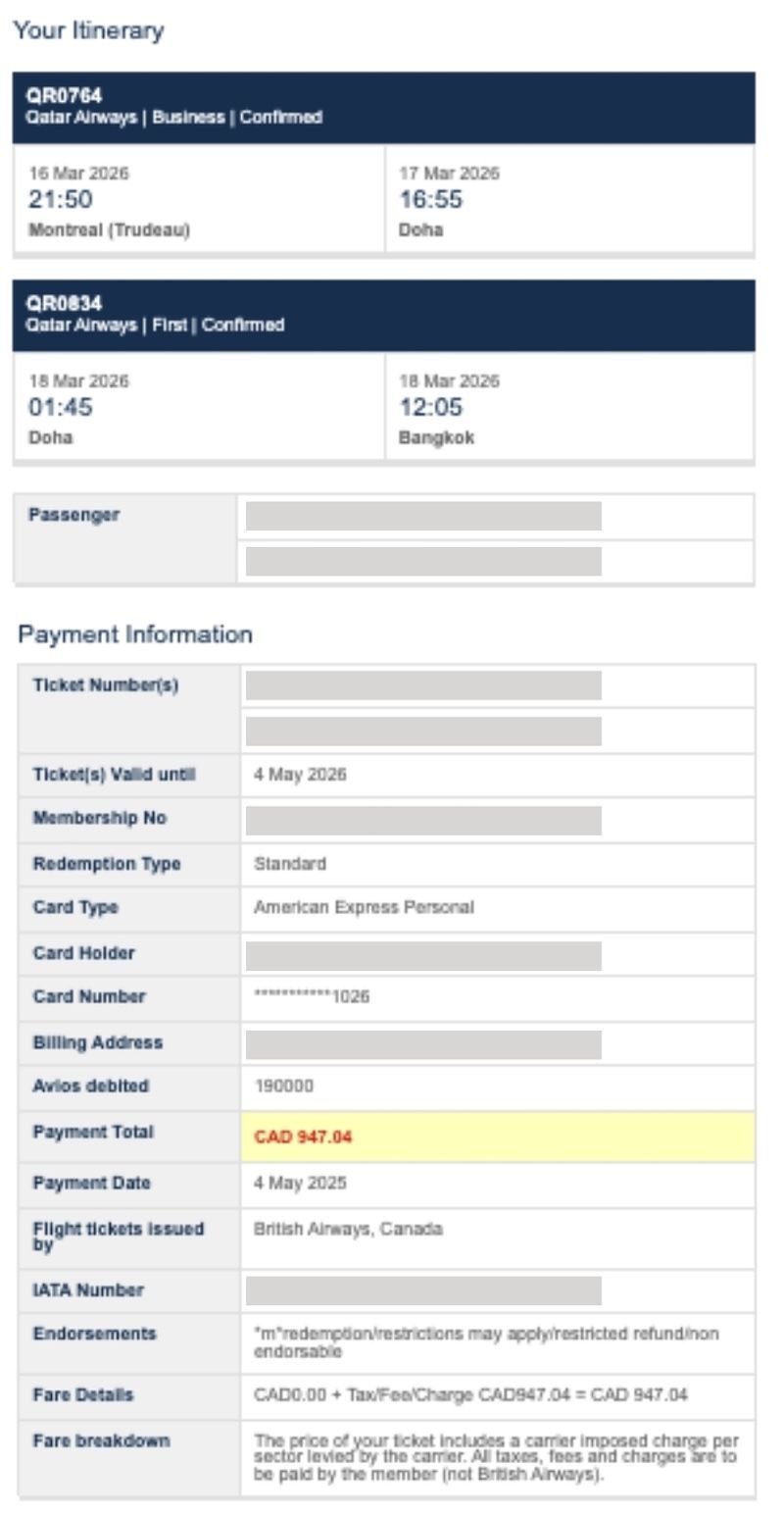 British Airways Avios booking confirmation for Bangkok to Montreal on Qatar Airways business class for 95000 Avios per person