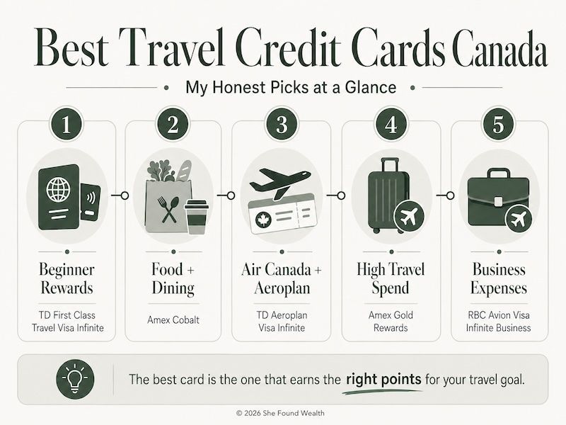 Infographic showing the best travel credit cards in Canada by goal, including beginner rewards, food and dining, Air Canada and Aeroplan, high travel spend, and business expenses.