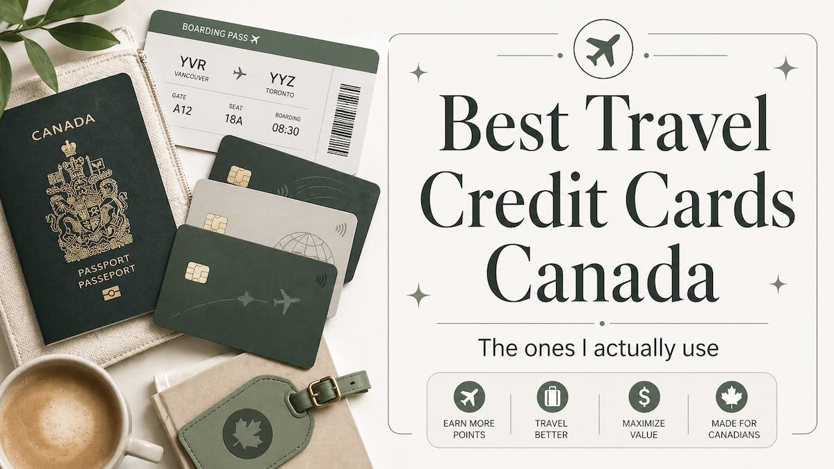 Branded thumbnail for a Canada travel credit cards guide with travel and points imagery.